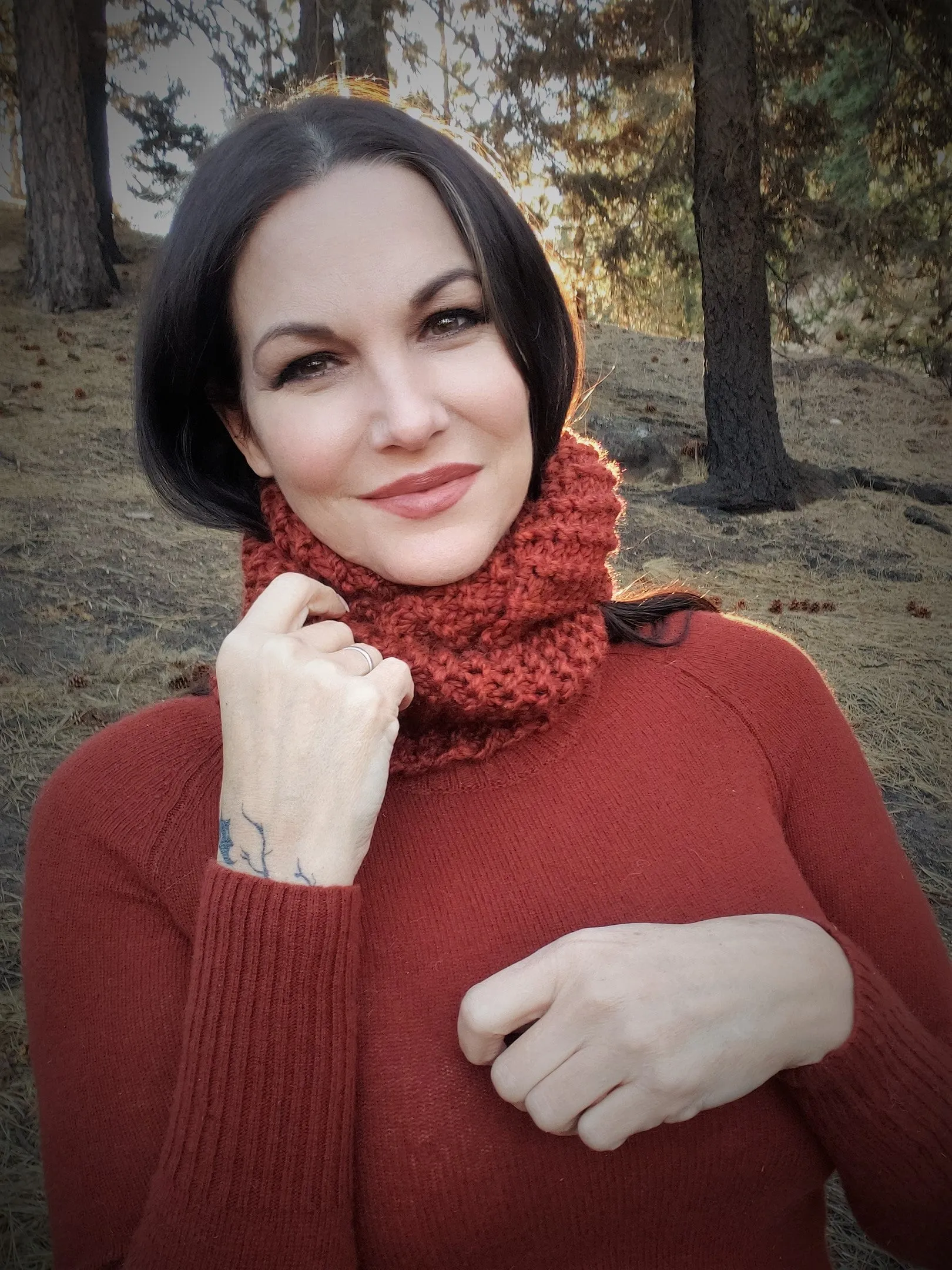 The "Mahogany" Brick Red Hand Knitted Infinity Scarf or Cowl