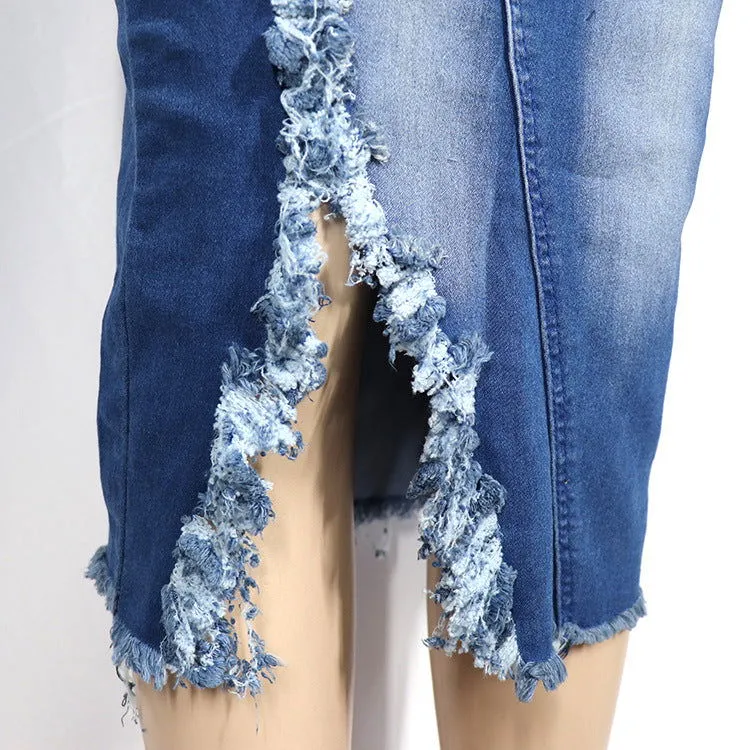 Wash Denim Distressed Button Crop Jacket & Mid-length Skirt