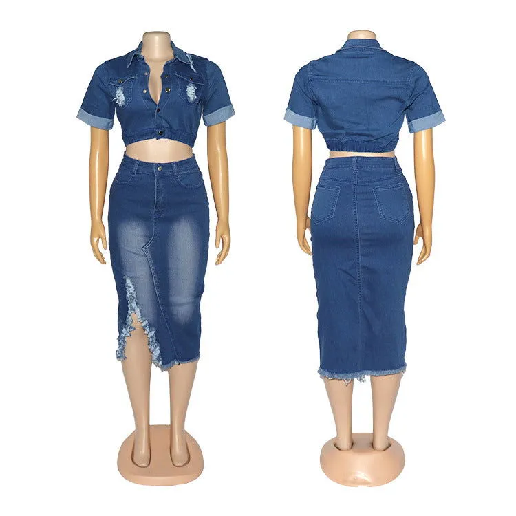 Wash Denim Distressed Button Crop Jacket & Mid-length Skirt
