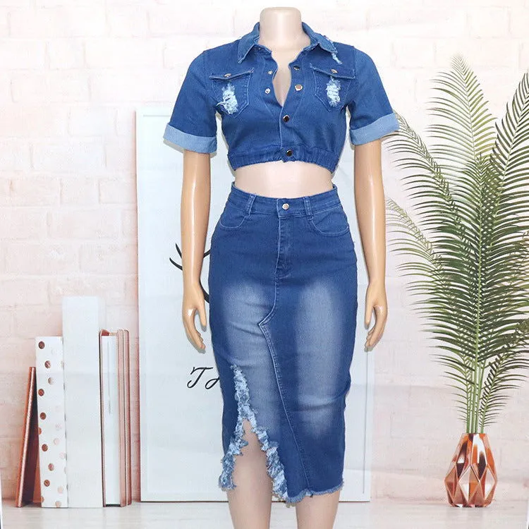 Wash Denim Distressed Button Crop Jacket & Mid-length Skirt