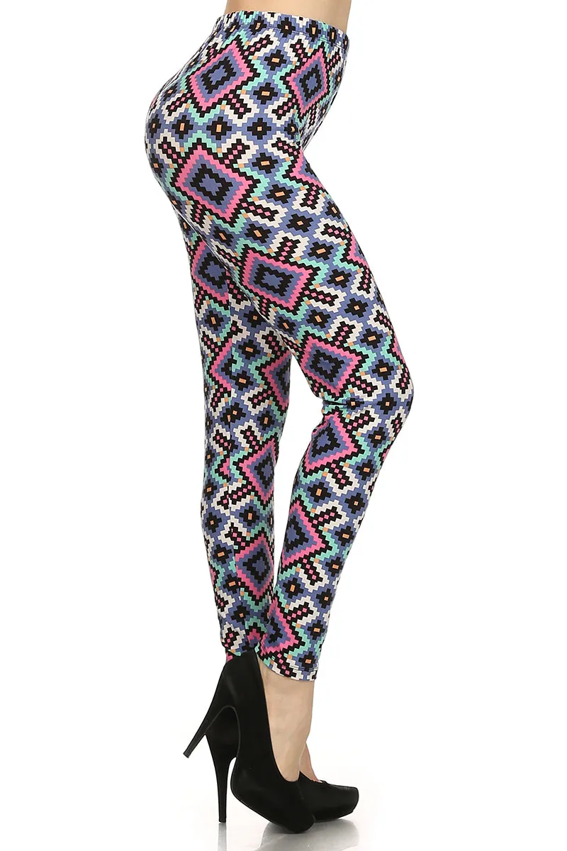 Women's Plus Aztec Diamond Pattern Printed Leggings - Pink Blue